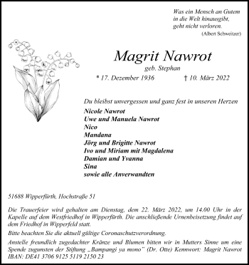 Anzeige von Magrit Nawrot von Kölner Stadt-Anzeiger / Kölnische Rundschau / Express