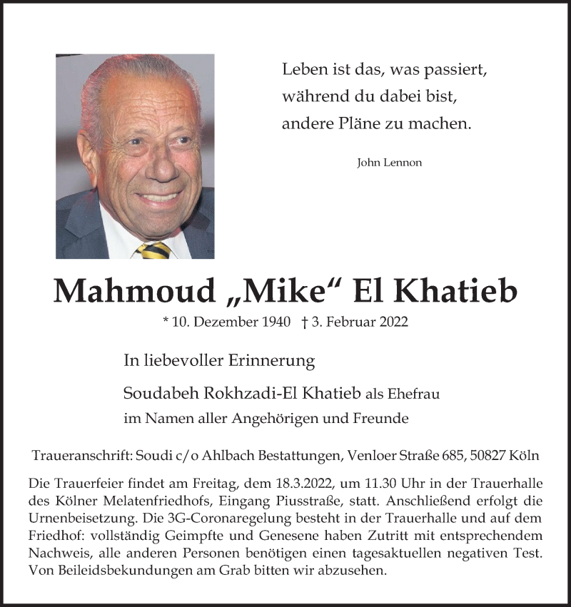  Traueranzeige für Mahmoud El Khatieb vom 05.03.2022 aus Kölner Stadt-Anzeiger / Kölnische Rundschau / Express