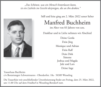 Anzeige von Manfred Buchheim von  Schlossbote/Werbekurier 