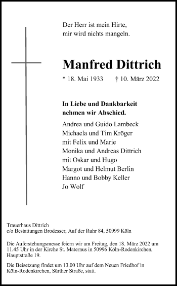 Anzeige von Manfred Dittrich von Kölner Stadt-Anzeiger / Kölnische Rundschau / Express