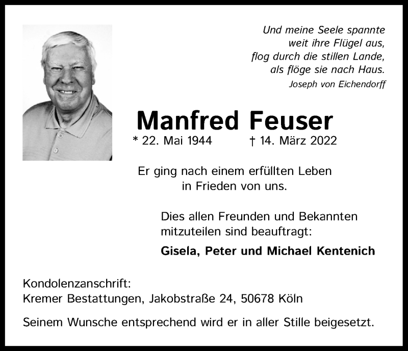  Traueranzeige für Manfred Feuser vom 19.03.2022 aus Kölner Stadt-Anzeiger / Kölnische Rundschau / Express