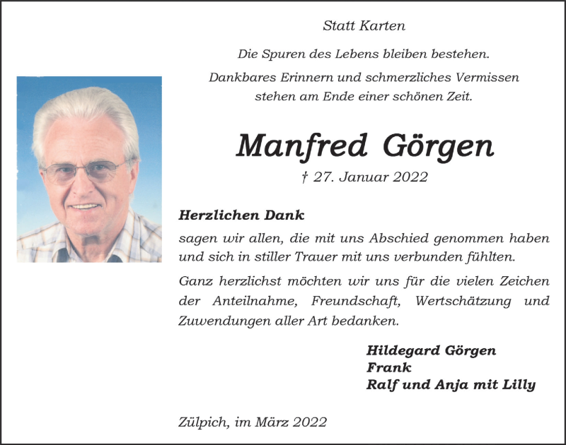  Traueranzeige für Manfred Görgen vom 12.03.2022 aus  Blickpunkt Euskirchen 