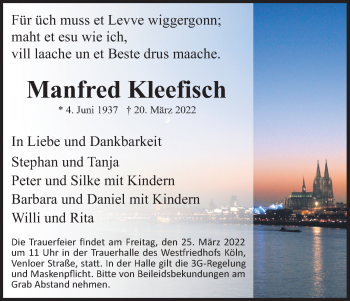 Anzeige von Manfred Kleefisch von Kölner Stadt-Anzeiger / Kölnische Rundschau / Express