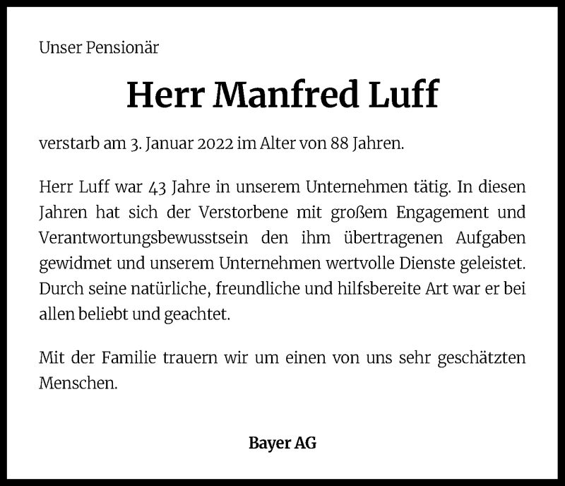  Traueranzeige für Manfred Luff vom 19.03.2022 aus Kölner Stadt-Anzeiger / Kölnische Rundschau / Express