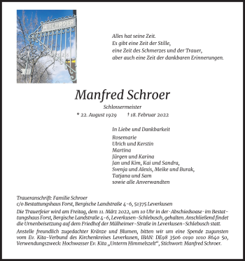 Anzeige von Manfred Schroer von Kölner Stadt-Anzeiger / Kölnische Rundschau / Express
