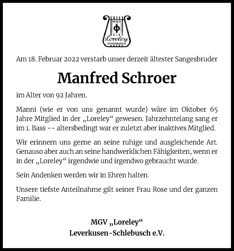  Traueranzeige für Manfred Schroer vom 11.03.2022 aus Kölner Stadt-Anzeiger / Kölnische Rundschau / Express