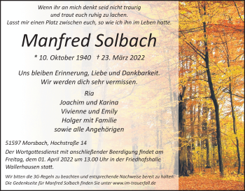 Anzeige von Manfred Solbach von Kölner Stadt-Anzeiger / Kölnische Rundschau / Express