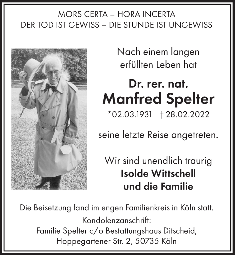  Traueranzeige für Manfred Spelter vom 26.03.2022 aus  Blickpunkt Euskirchen 