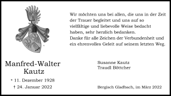 Anzeige von Manfred-Walter Kautz von Kölner Stadt-Anzeiger / Kölnische Rundschau / Express