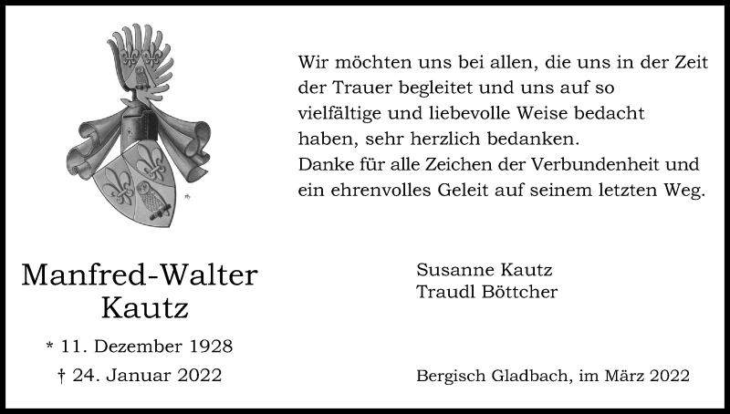  Traueranzeige für Manfred-Walter Kautz vom 05.03.2022 aus Kölner Stadt-Anzeiger / Kölnische Rundschau / Express