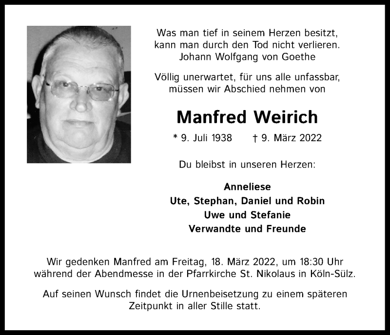  Traueranzeige für Manfred Weirich vom 16.03.2022 aus Kölner Stadt-Anzeiger / Kölnische Rundschau / Express