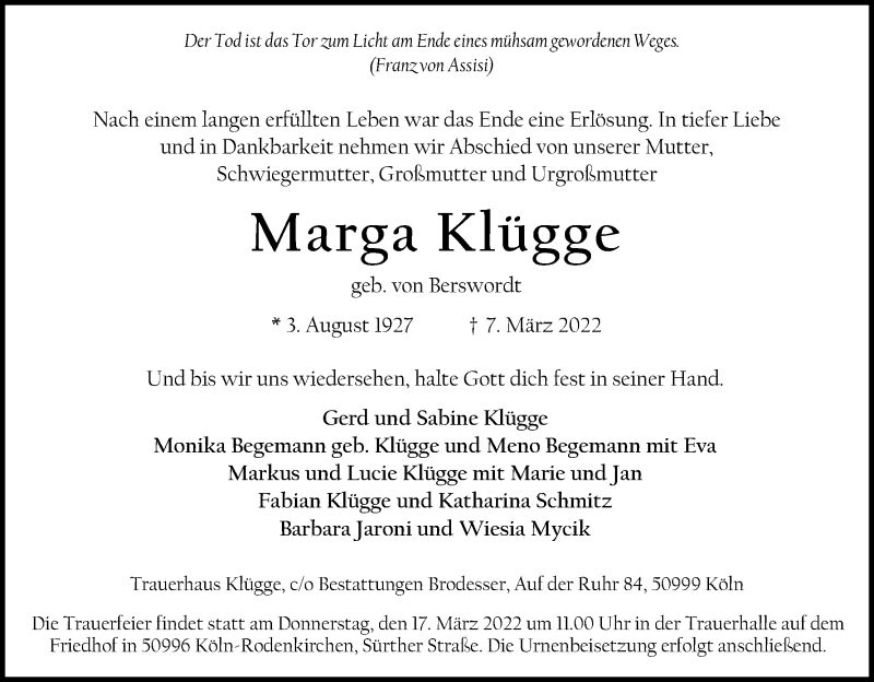  Traueranzeige für Marga Klügge vom 12.03.2022 aus Kölner Stadt-Anzeiger / Kölnische Rundschau / Express