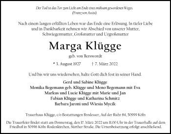 Anzeige von Marga Klügge von Kölner Stadt-Anzeiger / Kölnische Rundschau / Express