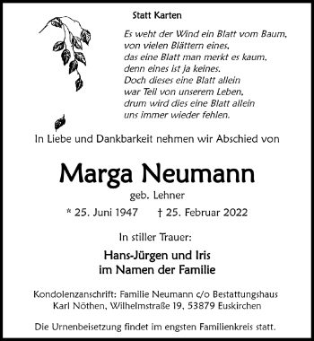 Anzeige von Marga Neumann von  Blickpunkt Euskirchen 