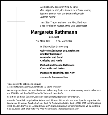 Anzeige von Margarete Rathmann von Kölner Stadt-Anzeiger / Kölnische Rundschau / Express