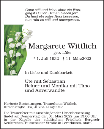 Anzeige von Margarete Wittlich von  Lokale Informationen 