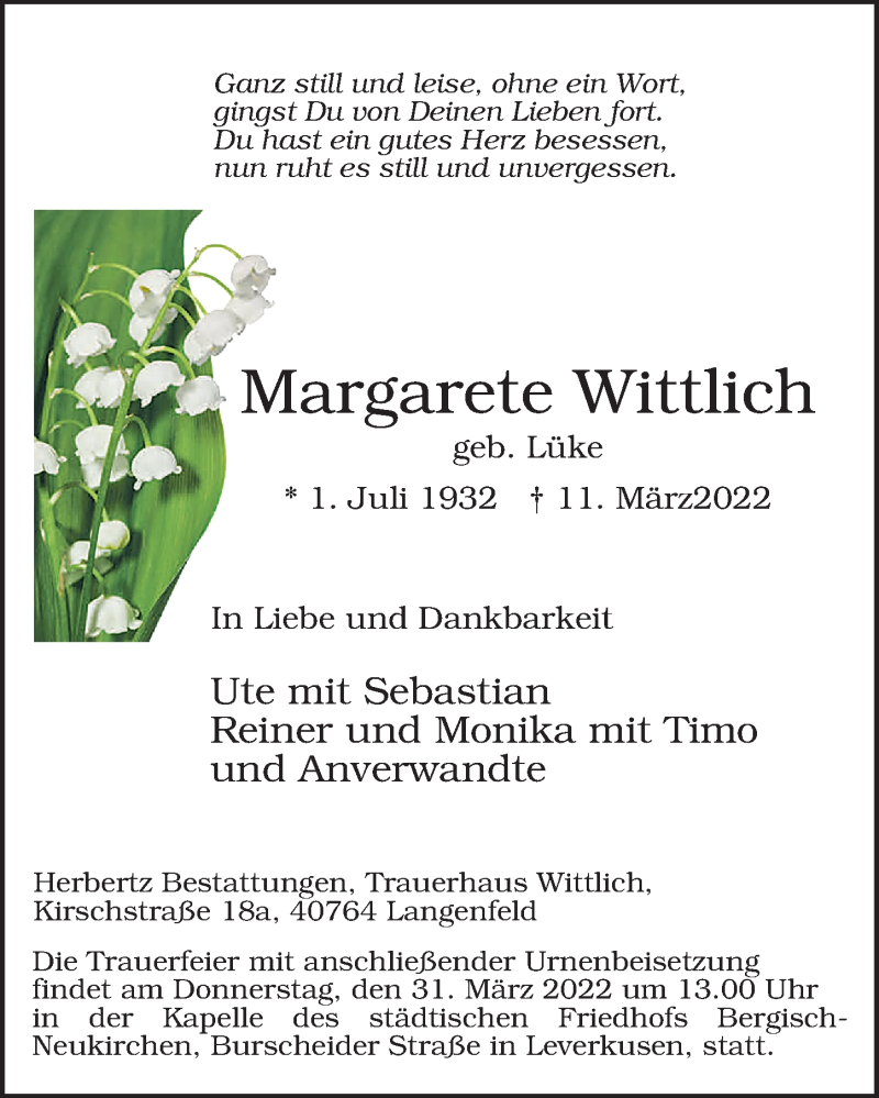  Traueranzeige für Margarete Wittlich vom 25.03.2022 aus  Lokale Informationen 