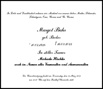 Anzeige von Margot Bahr von Kölner Stadt-Anzeiger / Kölnische Rundschau / Express