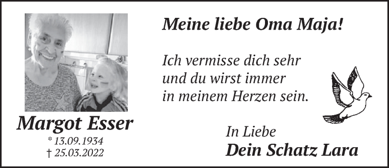  Traueranzeige für Margot Esser vom 01.04.2022 aus  Wochenende 
