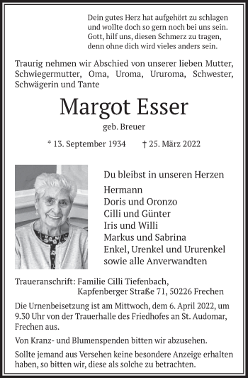 Anzeige von Margot Esser von  Wochenende 