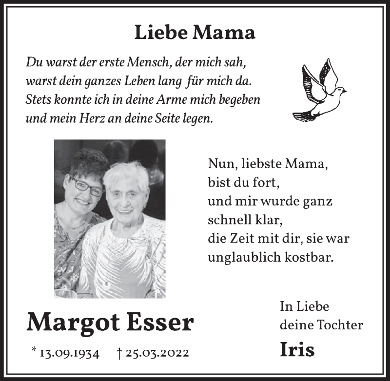  Traueranzeige für Margot Esser vom 01.04.2022 aus  Wochenende 