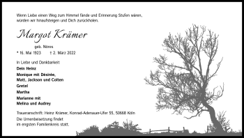Anzeige von Margot Krämer von Kölner Stadt-Anzeiger / Kölnische Rundschau / Express