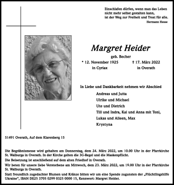 Anzeige von Margret Heider von Kölner Stadt-Anzeiger / Kölnische Rundschau / Express