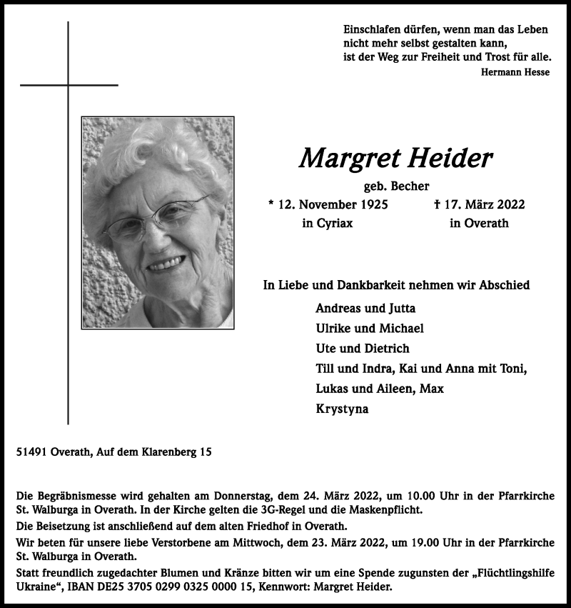  Traueranzeige für Margret Heider vom 19.03.2022 aus Kölner Stadt-Anzeiger / Kölnische Rundschau / Express