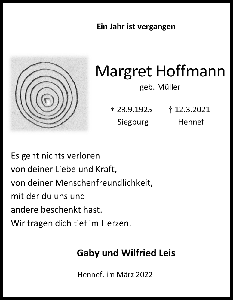  Traueranzeige für Margret Hoffmann vom 19.03.2022 aus Kölner Stadt-Anzeiger / Kölnische Rundschau / Express