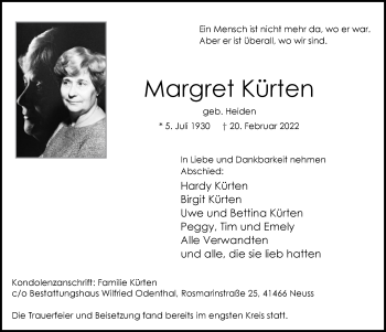Anzeige von Margret Kürten von  Wochenende 