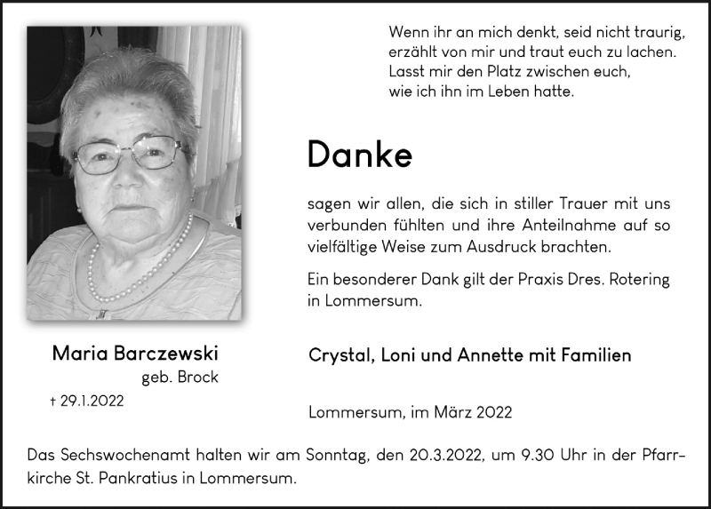  Traueranzeige für Maria Barczewski vom 12.03.2022 aus  Blickpunkt Euskirchen 