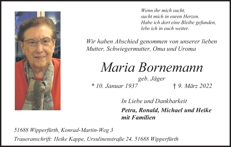  Traueranzeige für Maria Bornemann vom 19.03.2022 aus Kölner Stadt-Anzeiger / Kölnische Rundschau / Express