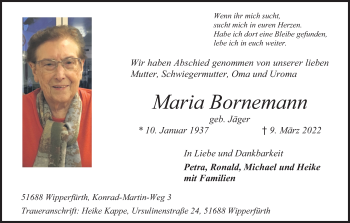 Anzeige von Maria Bornemann von Kölner Stadt-Anzeiger / Kölnische Rundschau / Express