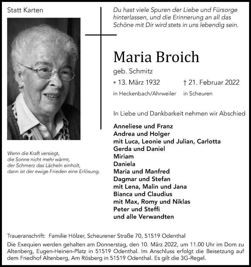  Traueranzeige für Maria Broich vom 05.03.2022 aus Kölner Stadt-Anzeiger / Kölnische Rundschau / Express