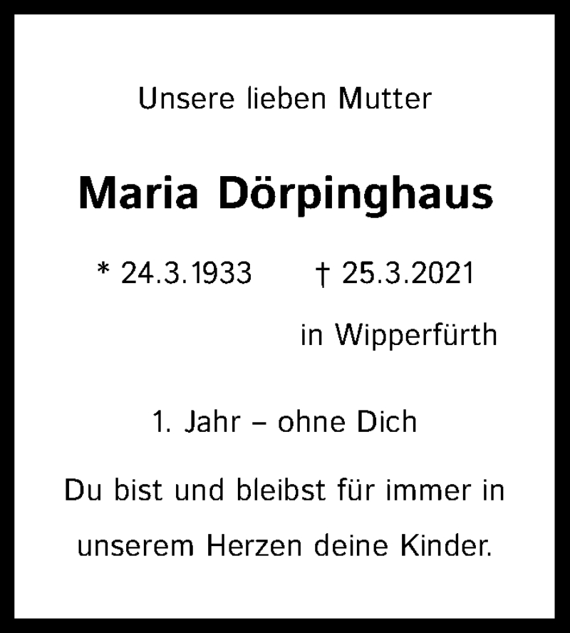  Traueranzeige für Maria Dörpinghaus vom 25.03.2022 aus Kölner Stadt-Anzeiger / Kölnische Rundschau / Express