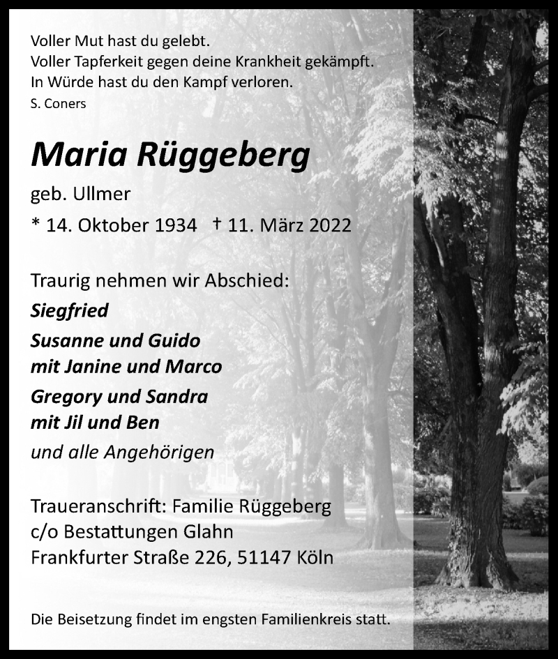  Traueranzeige für Maria Rüggeberg vom 19.03.2022 aus Kölner Stadt-Anzeiger / Kölnische Rundschau / Express