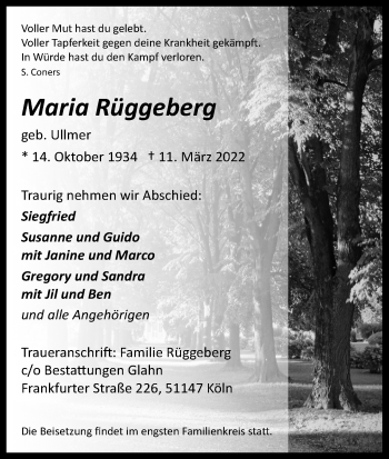 Anzeige von Maria Rüggeberg von Kölner Stadt-Anzeiger / Kölnische Rundschau / Express