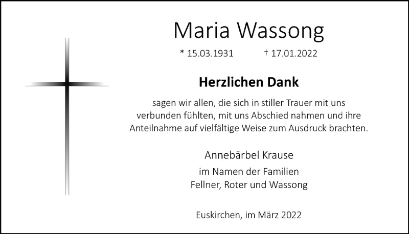  Traueranzeige für Maria Wassong vom 12.03.2022 aus  Blickpunkt Euskirchen 