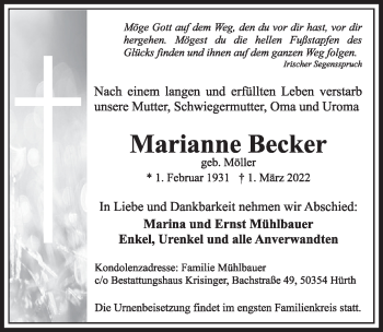 Anzeige von Marianne Becker von  Wochenende 