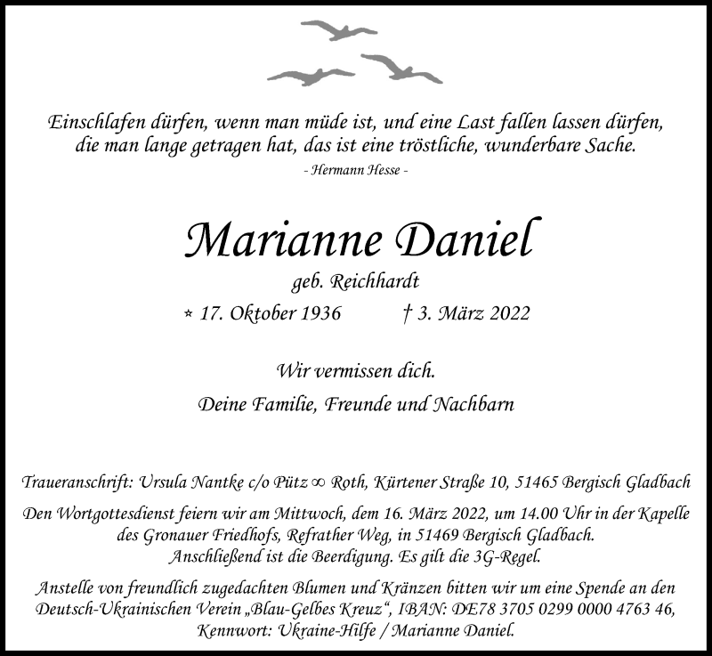  Traueranzeige für Marianne Daniel vom 12.03.2022 aus Kölner Stadt-Anzeiger / Kölnische Rundschau / Express