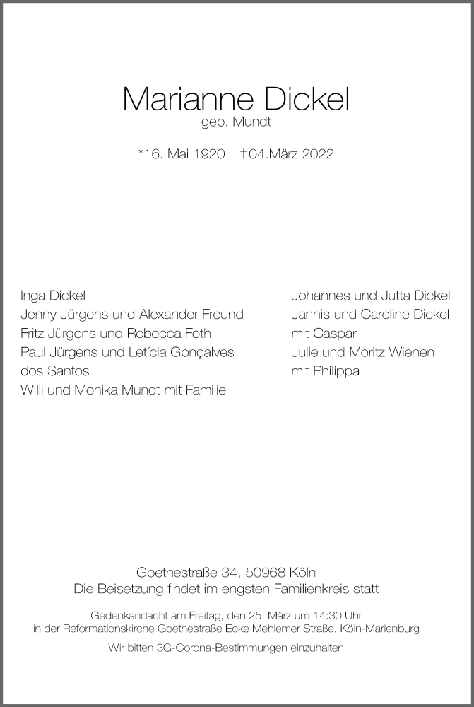 Traueranzeige für Marianne Dickel vom 19.03.2022 aus Kölner Stadt-Anzeiger / Kölnische Rundschau / Express
