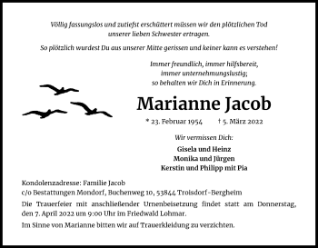 Anzeige von Marianne Jacob von Kölner Stadt-Anzeiger / Kölnische Rundschau / Express