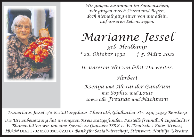  Traueranzeige für Marianne Jessel vom 26.03.2022 aus Kölner Stadt-Anzeiger / Kölnische Rundschau / Express