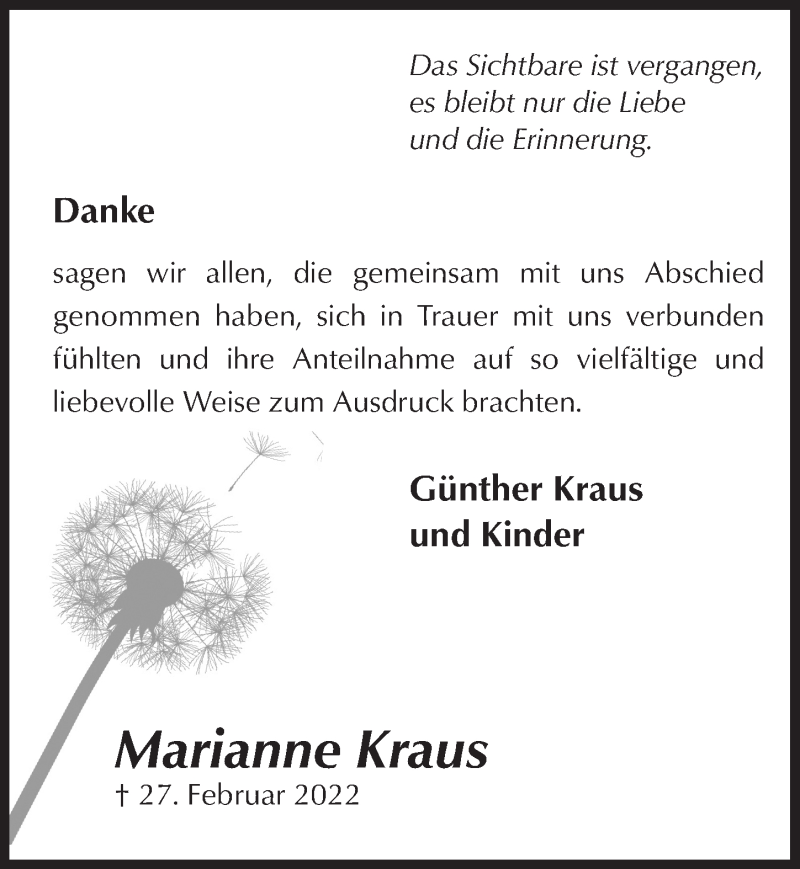  Traueranzeige für Marianne Kraus vom 25.03.2022 aus  Bergisches Handelsblatt 