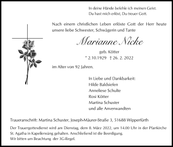 Anzeige von Marianne Nicke von Kölner Stadt-Anzeiger / Kölnische Rundschau / Express