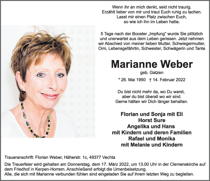  Traueranzeige für Marianne Weber vom 11.03.2022 aus  Werbepost 