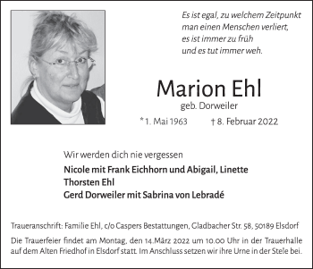 Anzeige von Marion Ehl von  Werbepost 