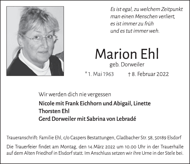  Traueranzeige für Marion Ehl vom 04.03.2022 aus  Werbepost 