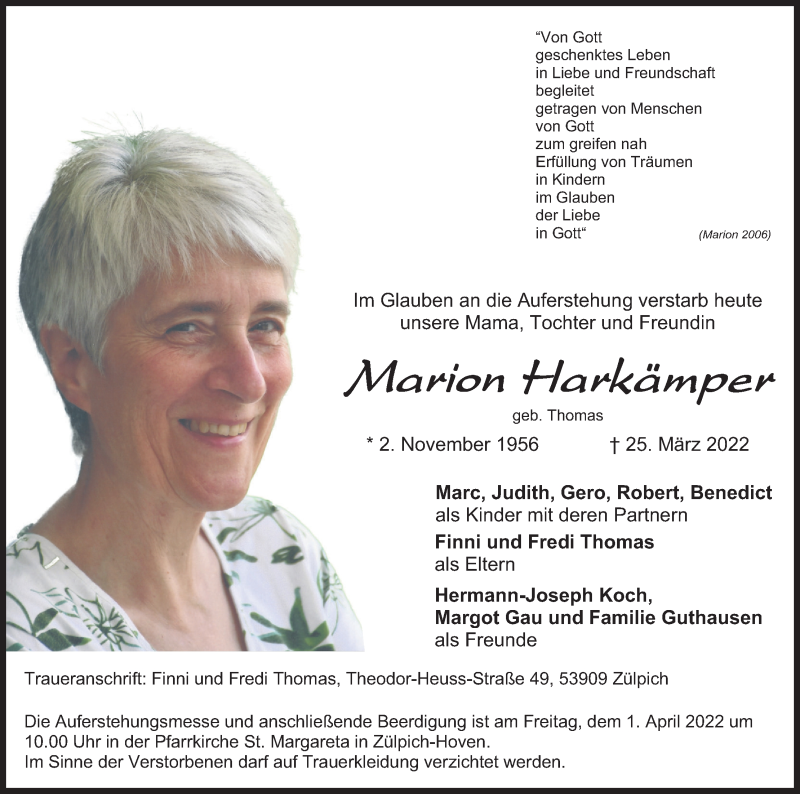  Traueranzeige für Marion Harkämper vom 30.03.2022 aus Kölner Stadt-Anzeiger / Kölnische Rundschau / Express