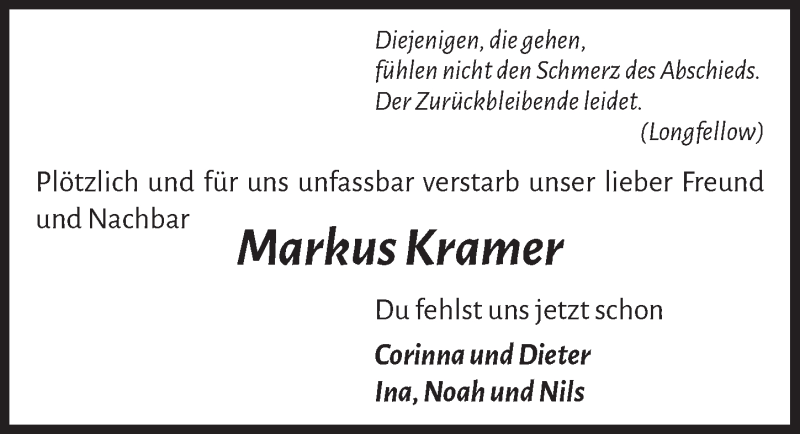  Traueranzeige für Markus Kramer vom 11.03.2022 aus  Schlossbote/Werbekurier 